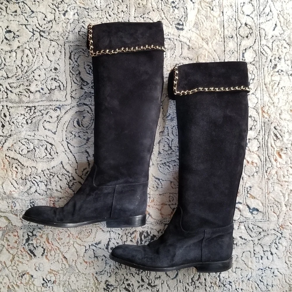CHANEL Vintage Black Suede Leather & Signature Chain Tall Riding Boots 35